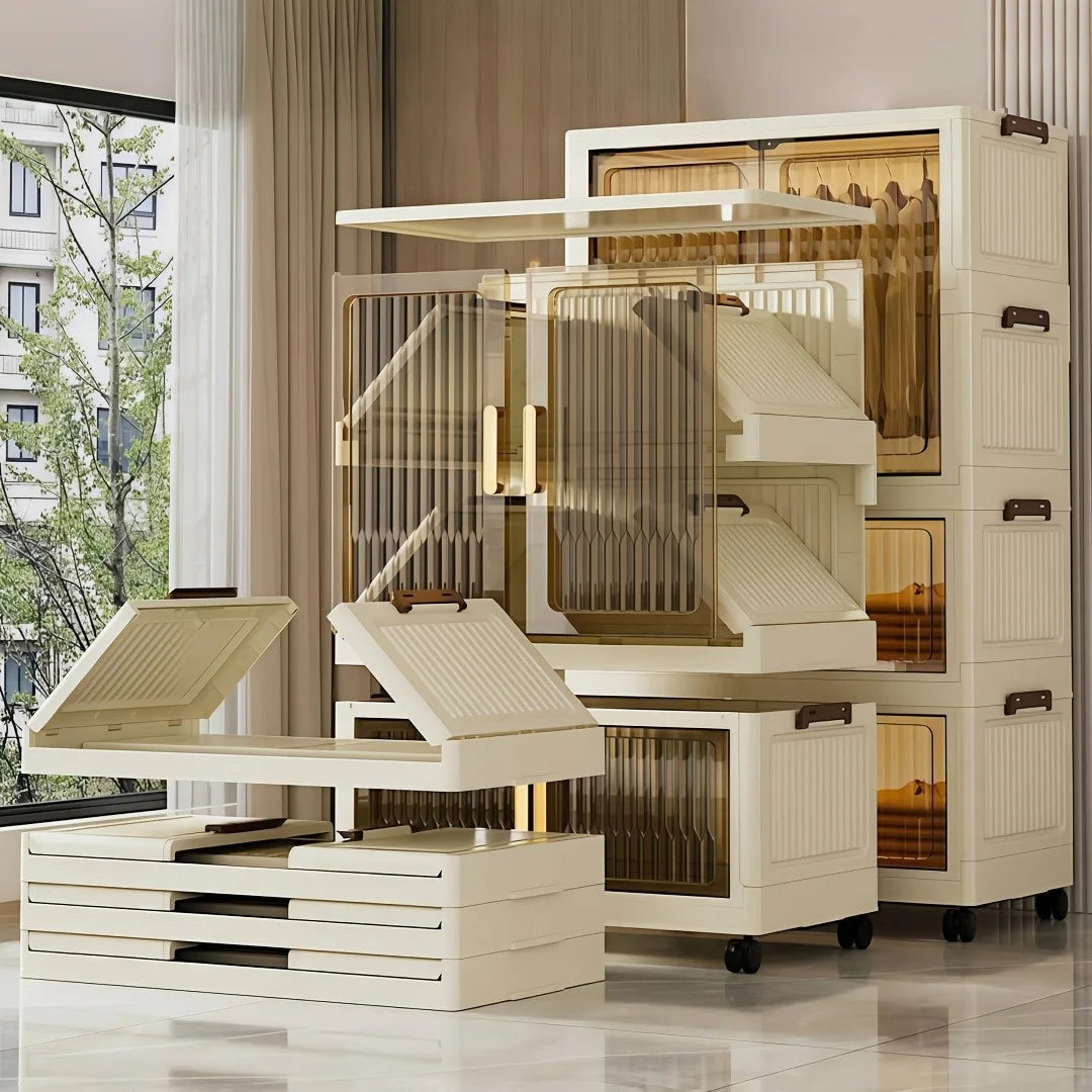 foldable and stackable clothes storage wardrobe, no assembly needed. Snap-together foldable closet with transparent dust-proof door and universal wheels. Freestanding multi-layer clothes hanging and storage unit, suitable for