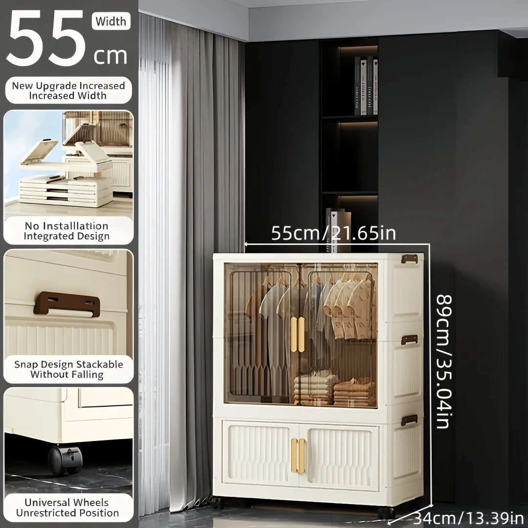 foldable and stackable clothes storage wardrobe, no assembly needed. Snap-together foldable closet with transparent dust-proof door and universal wheels. Freestanding multi-layer clothes hanging and storage unit, suitable for