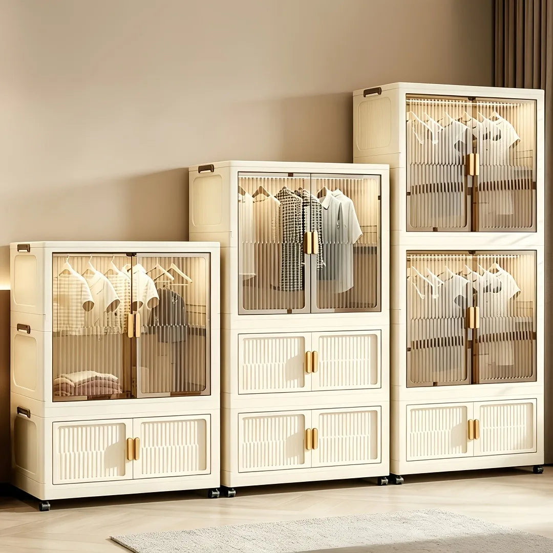 foldable and stackable clothes storage wardrobe, no assembly needed. Snap-together foldable closet with transparent dust-proof door and universal wheels. Freestanding multi-layer clothes hanging and storage unit, suitable for