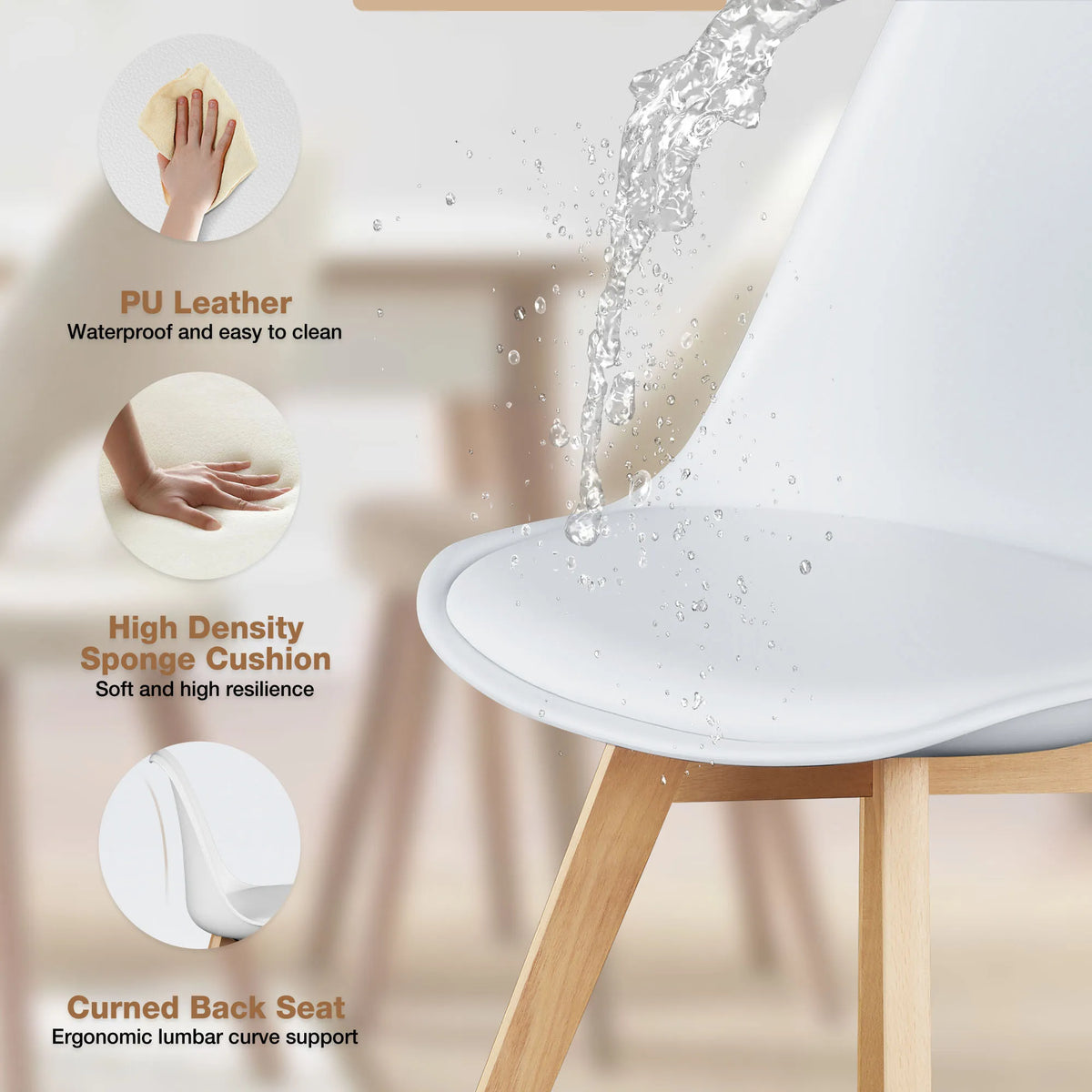 JHK PU Leather Dining Chairs Set of 4 Wooden Legs Lounge Chair for Home Kitchen Comfortable Sponge Cushion Living Room Chair