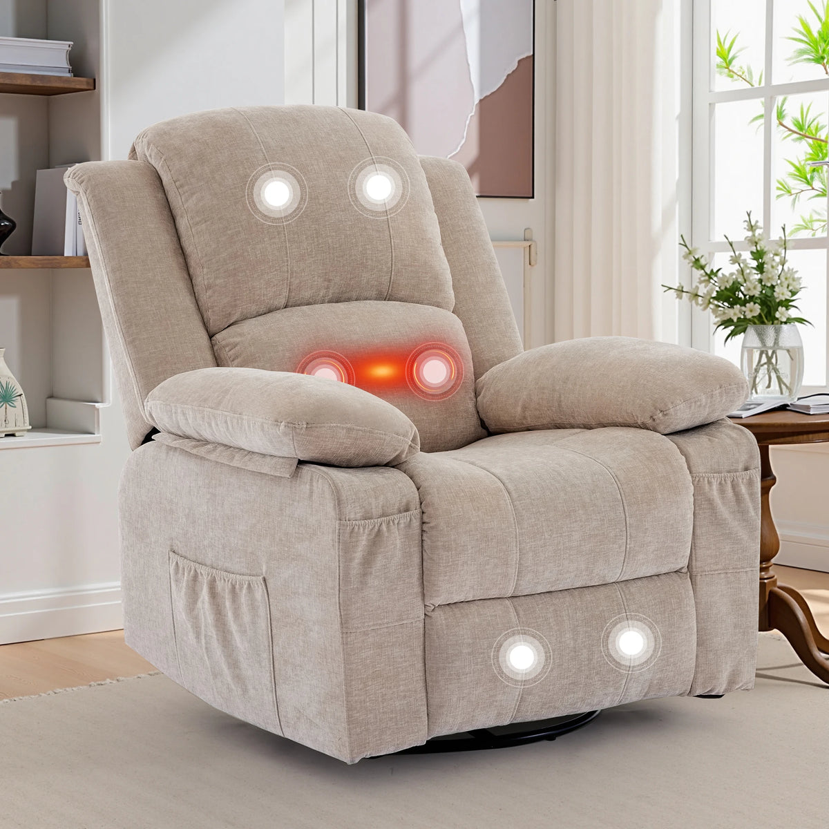 Korser Swivel Small Rocker Recliner Chair with Massage Chenille fabric Folding Armchair for Living Room,Bedroom