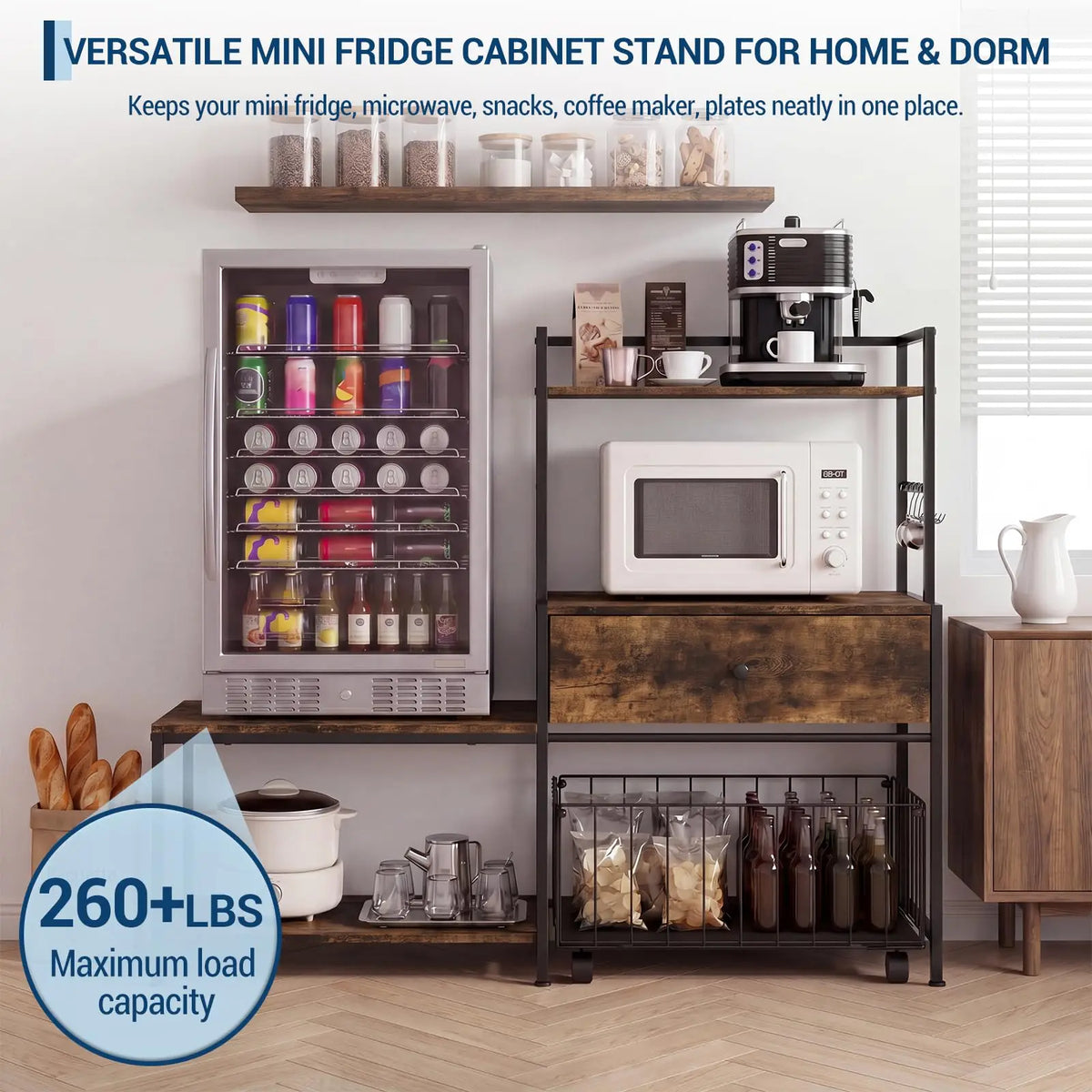Mini Fridge Stand with Storage & Metal Drawers, Burn Color | 260 lb L-Shaped Utility Bakers Rack with Mini Fridge Space, 5-Tier Sturdy Microwave Stand and Coffee Station for Dorm, Office