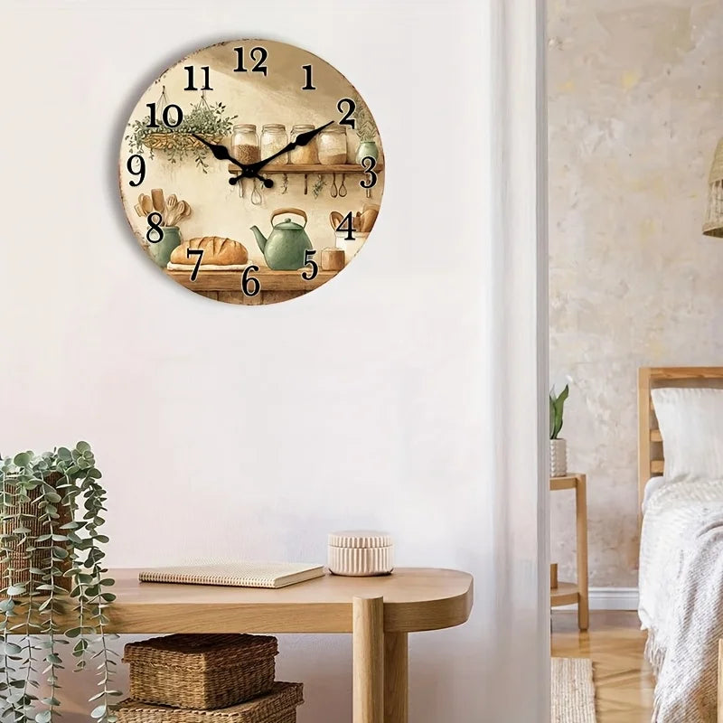 1pc of a Silent Wall Clock That Doesn'T Tick, Made of Wood, Featuring a Decorative Circular Design. It'S a Rustic Addition to Kitchen Decor with Jars And Utensils, Suitable for Dining Rooms, Hallways, Study Rooms, Home Office