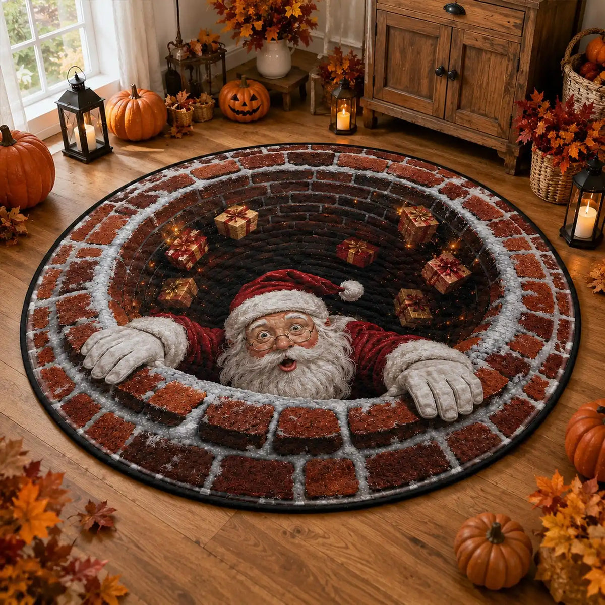 1PC Santa Claus chimney illusion printed circular carpet, fun visual effect 2D flat printed carpet, Christmas home decoration, suitable for living room, bedside, bedroom, entrance Christmas mats, holiday parties