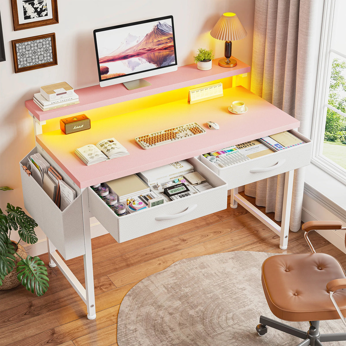 EnHomee 37.8"H RGB LED Study Writing Table Monitor Stand Computer Desk with 2 Fabric Drawers Small Desk Anti-Tip Design for Home Office