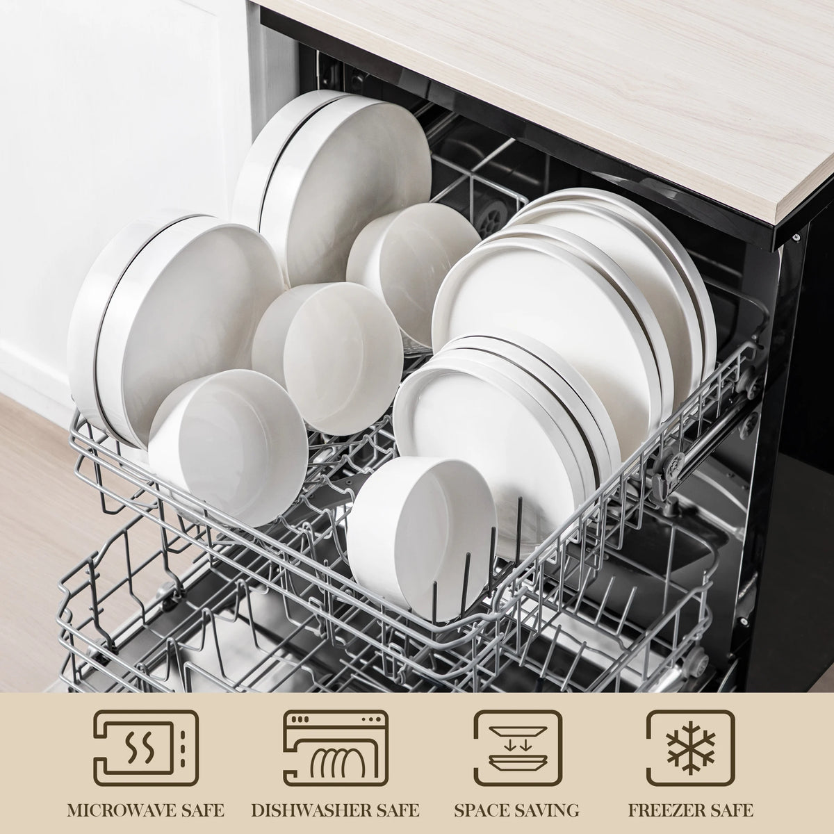 MALACASA 12/16/18/24 Piece Dinner Plates Sets Black Rim Half standing edge Dinnerwar with 4/6PCS Dinner Plate/Dessert/Soup/Bowl