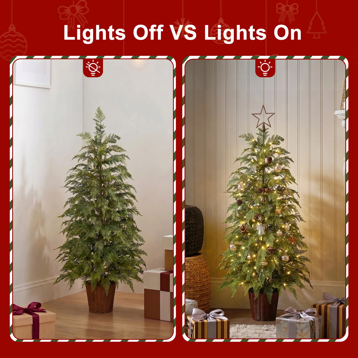 Pre-Lit Cypress Artificial Christmas Tree with Woven Basket/ Metal Stand, Christmas Tree with 30/70/100/350/500 Warm White Twinkling LEDs, Full Lush Branches, Ideal for Indoor Holiday Decor