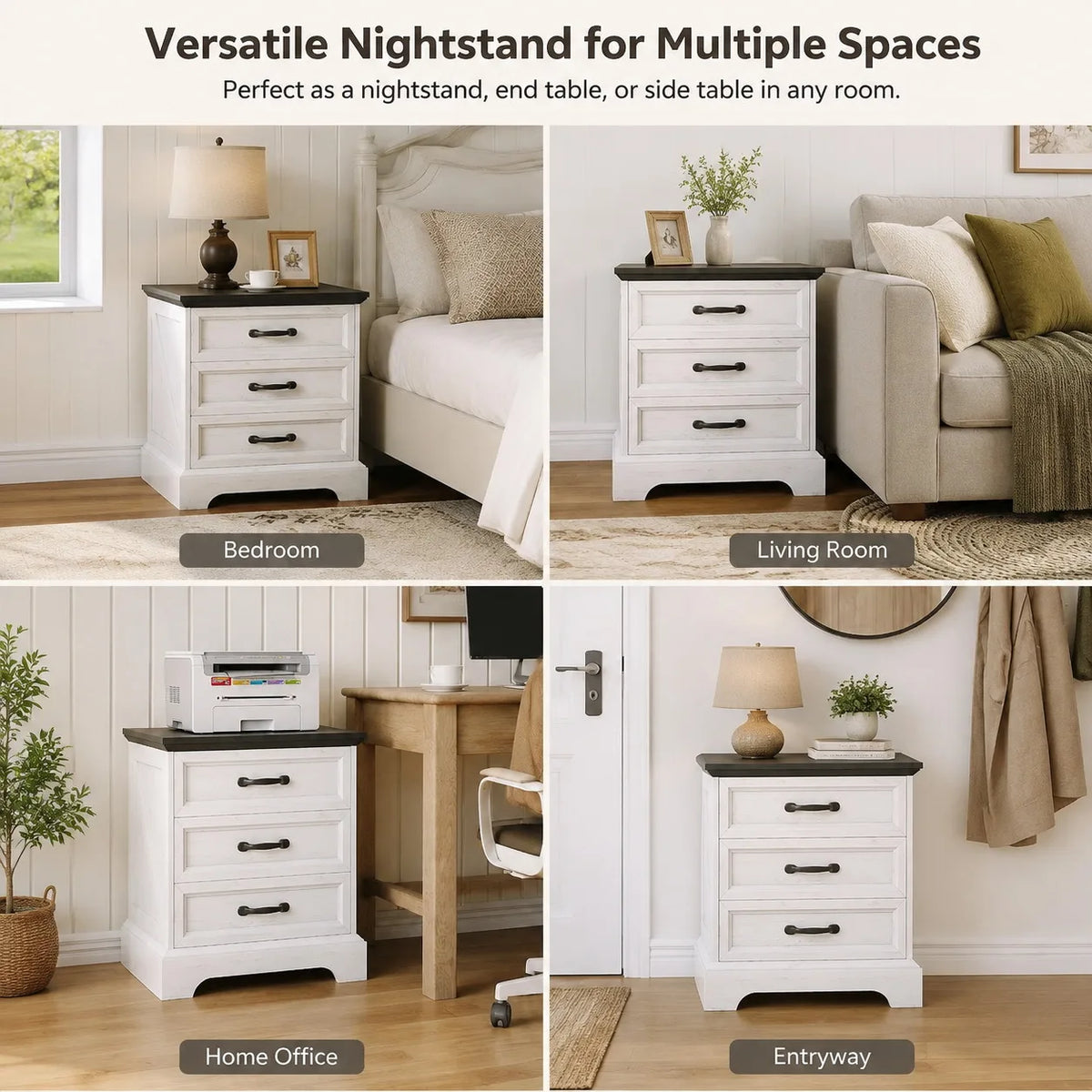 3 Drawer Farmhouse Bedside Cabinet with Charging Station, Storage Nightstand with USB Ports and Power Outlets for Bedroom Home