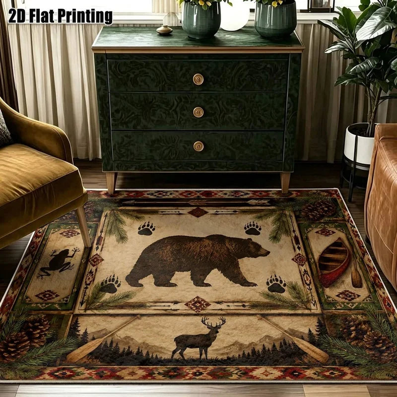 1Pc American Retro Bohemian Bear Deer Pinecone Print Carpet, Bohemian Style Decorative Carpet for Living Room, Bedroom, Dining Room, Bedside, Indoor and Outdoor Patio, Home Decor Accessories