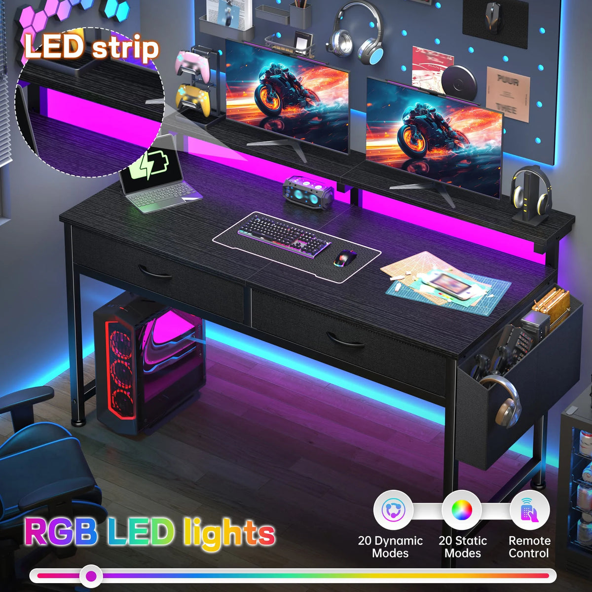 EnHomee 37.8"H RGB LED Study Writing Table Monitor Stand Computer Desk with 2 Fabric Drawers Small Desk Anti-Tip Design for Home Office
