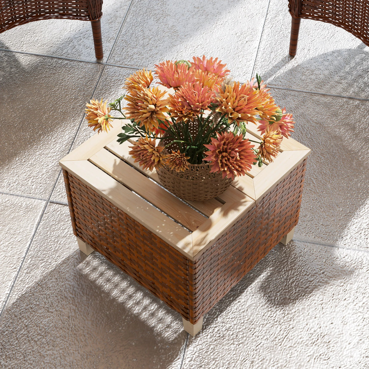 Outdoor Side Table with PE Rattan, Accent Table with Wood Top, Brown
