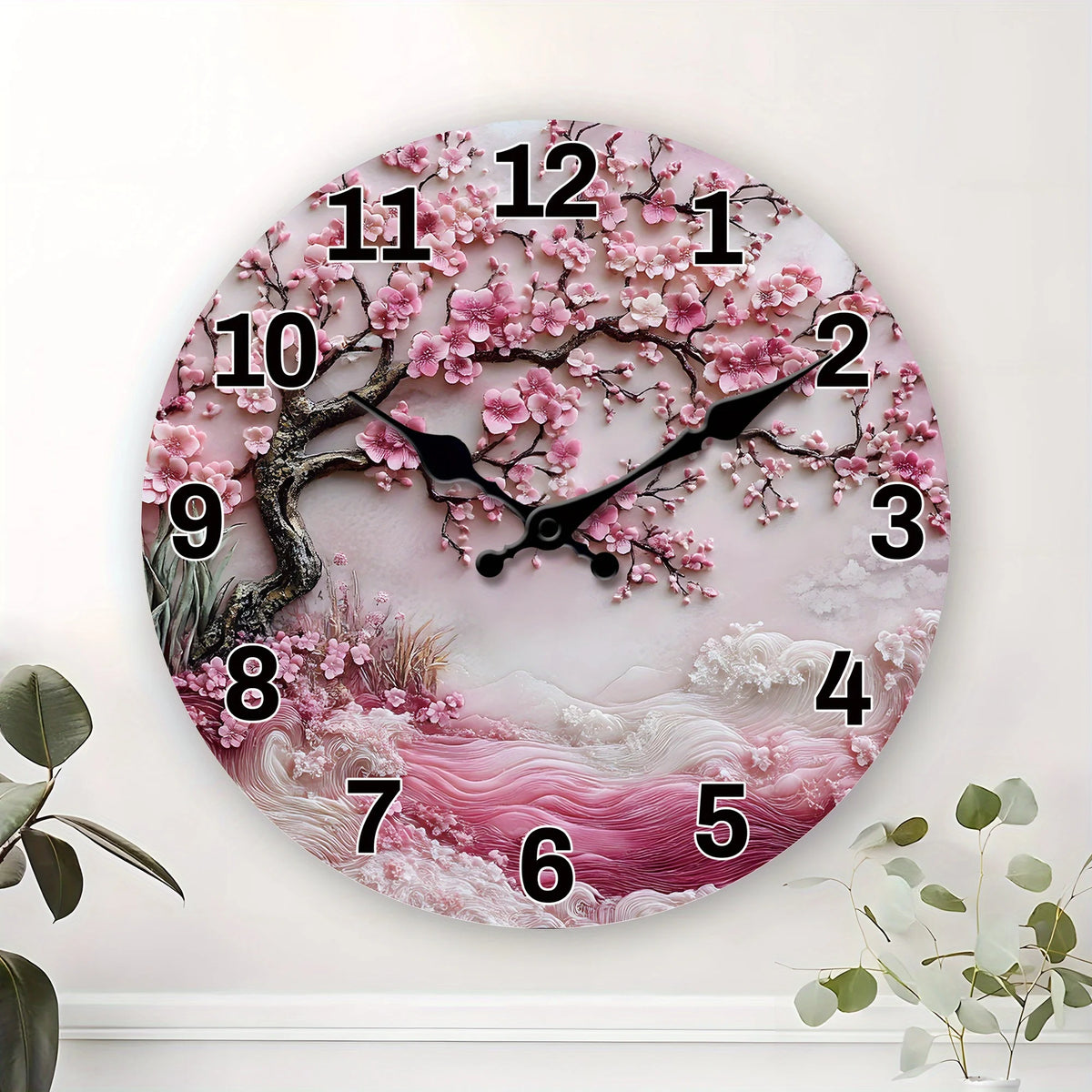 1pc, Japanese - Cherry - Blossom Themed Wooden Wall Clock, Designed with Pink - Cherry - Blossoms - and - Waves - Pattern, Silent Quartz Clock, Suitable for Living Room, Bedroom, Kitchen, Office Decoration, Modern Home Art De
