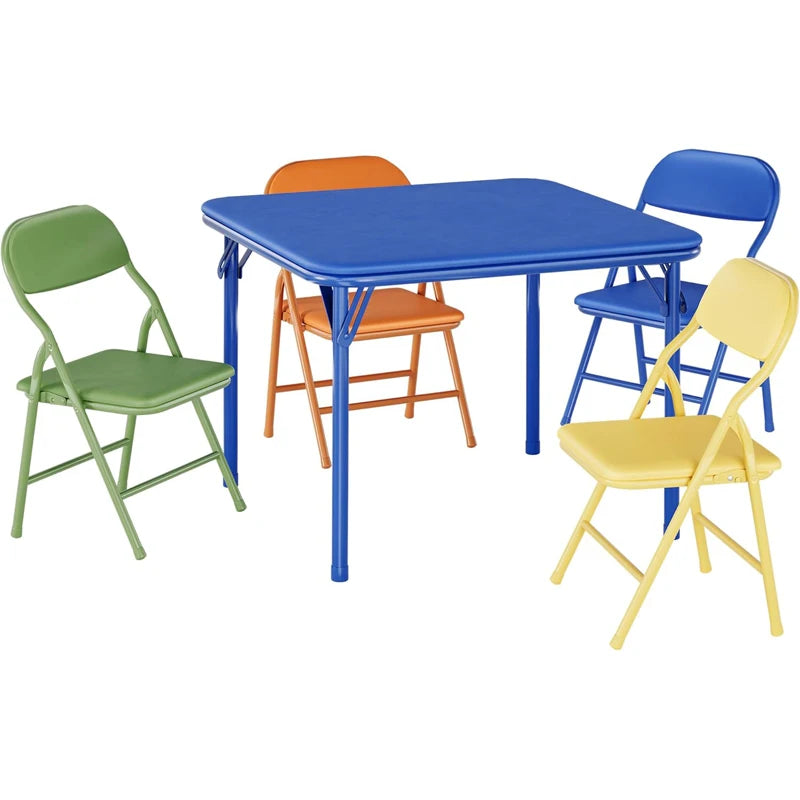 5-Piece Kids Folding Table and Chairs Set, Square Table | Foldable Children's Activity Table & Chair Set, Upholstered Chairs, Waterproof PU Top, No Assembly, Toddler Furniture