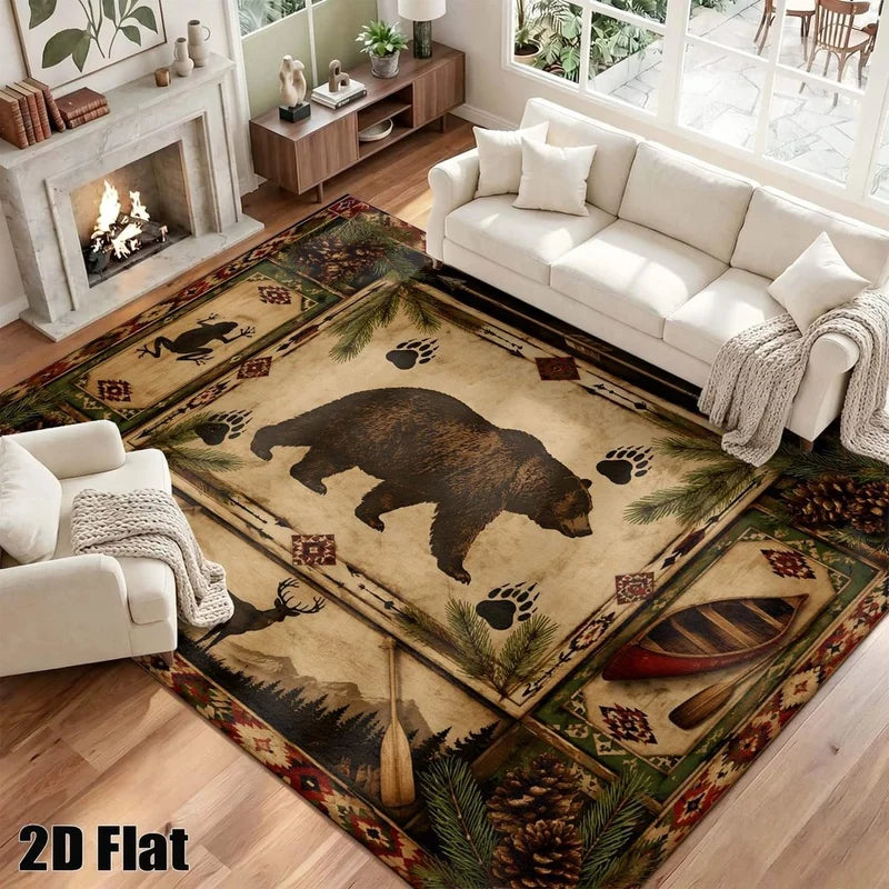 1Pc American Retro Bohemian Bear Deer Pinecone Print Carpet, Bohemian Style Decorative Carpet for Living Room, Bedroom, Dining Room, Bedside, Indoor and Outdoor Patio, Home Decor Accessories