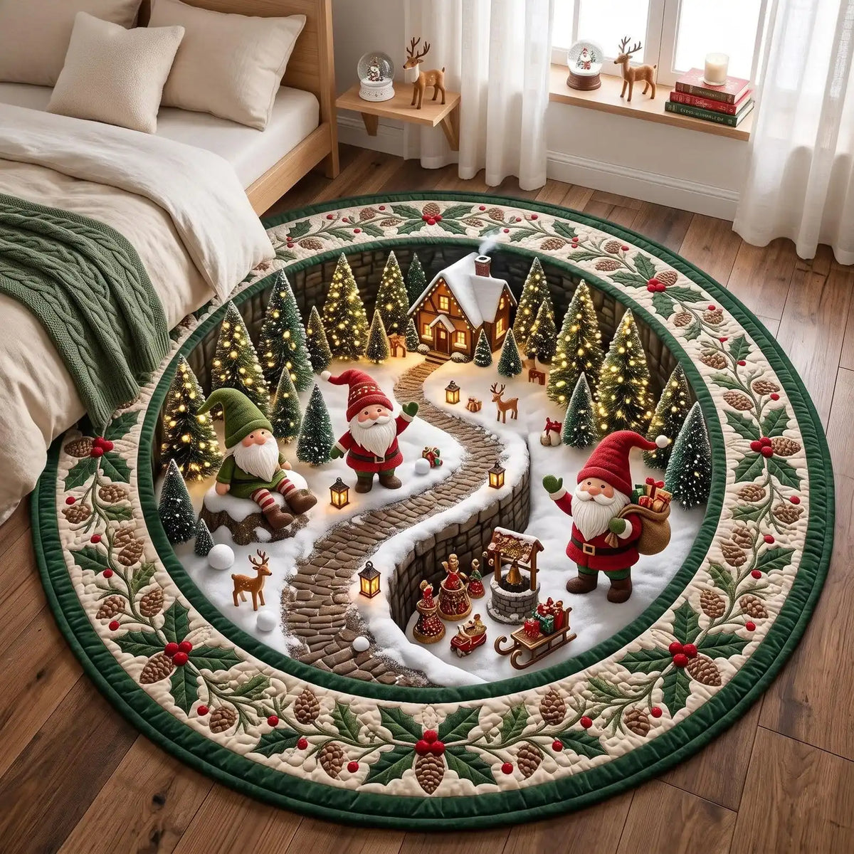 1PC Christmas Dwarf goblin snow village 2D illusion circular carpet, Christmas printed carpet, American country home decoration, suitable for living rooms, headboards, bedrooms, home mats, holiday parties