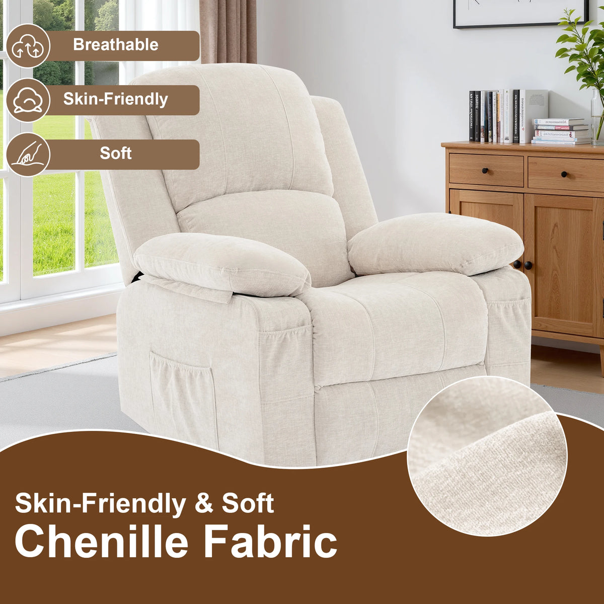 Korser Swivel Small Rocker Recliner Chair with Massage Chenille fabric Folding Armchair for Living Room,Bedroom