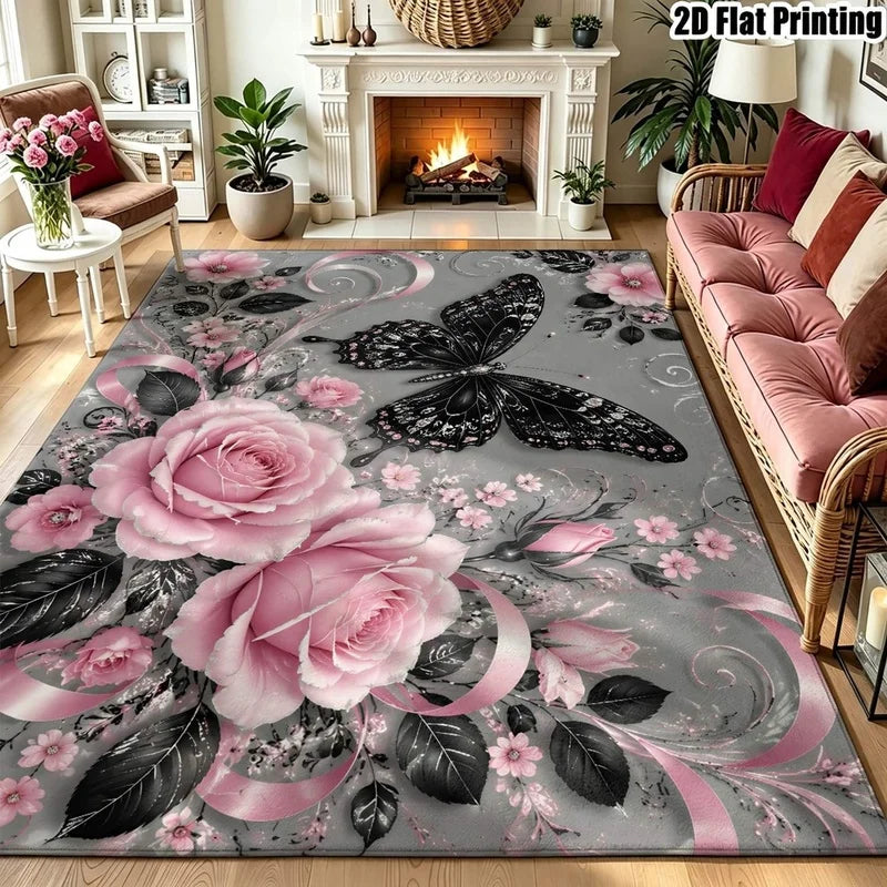 1Pc Light Luxury Retro Pink Rose Black Butterfly Printed Carpet, Warm Home Decoration, Artistic Decorative Carpet, Suitable for Living Room, Bedroom, Dining Room, Bedside, Indoor and Outdoor Patio, Home Decoration