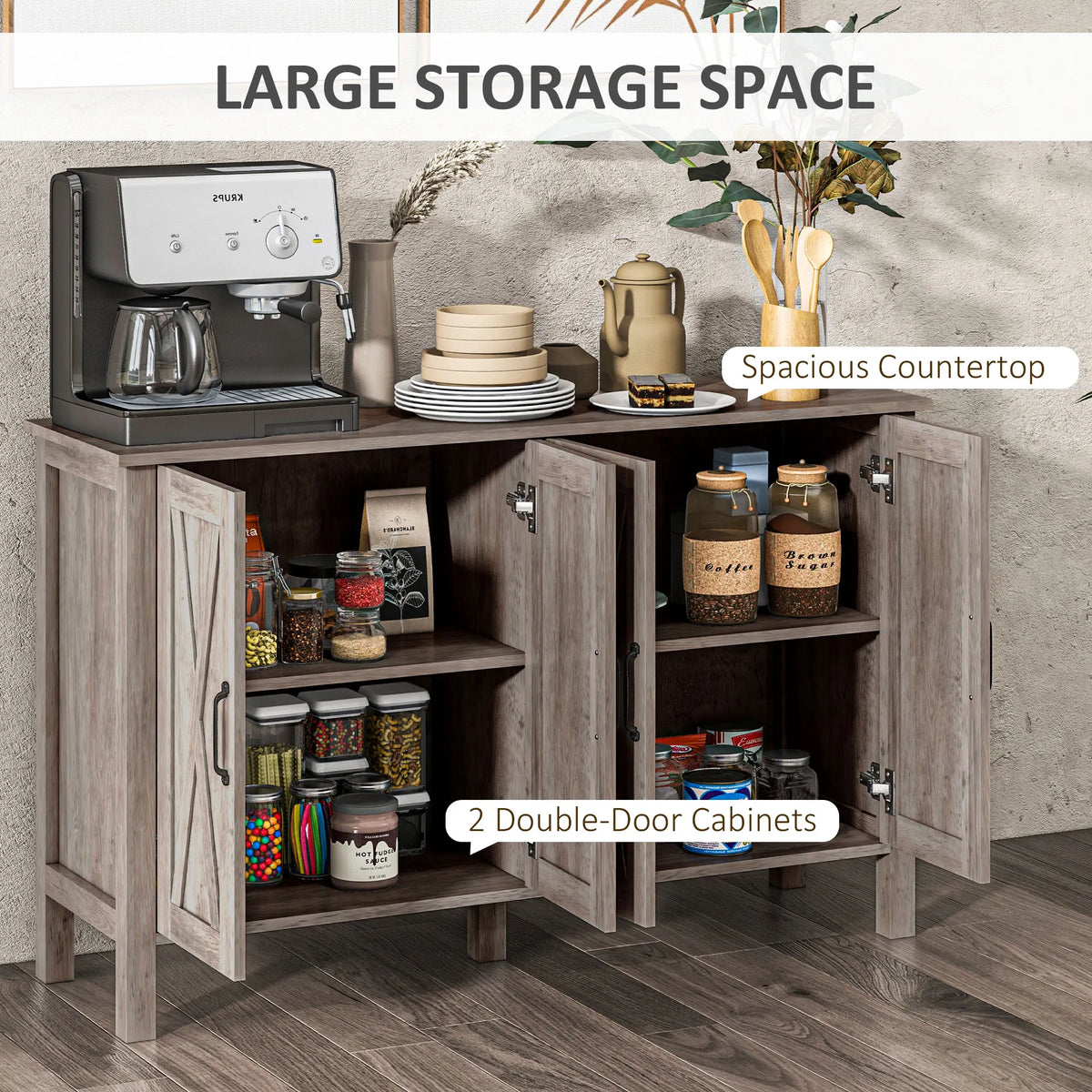 Buffet Cabinet, 47" Sideboard with 4 Barn Doors and 2 Adjustable Shelves, Farmhouse Coffee Bar Cabinet, Gray Wood Grain