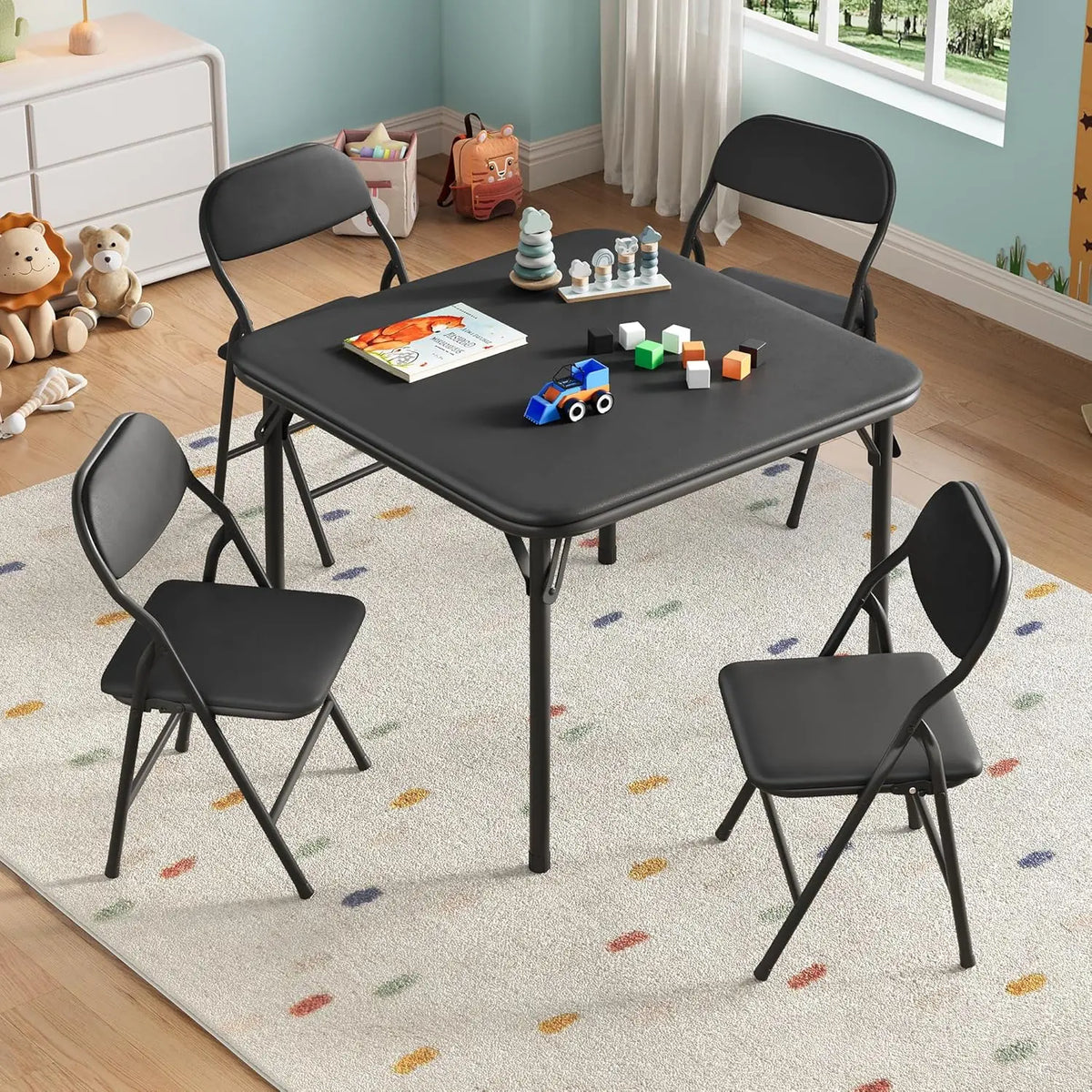 5-Piece Kids Folding Table and Chairs Set, Square Table | Foldable Children's Activity Table & Chair Set, Upholstered Chairs, Waterproof PU Top, No Assembly, Toddler Furniture