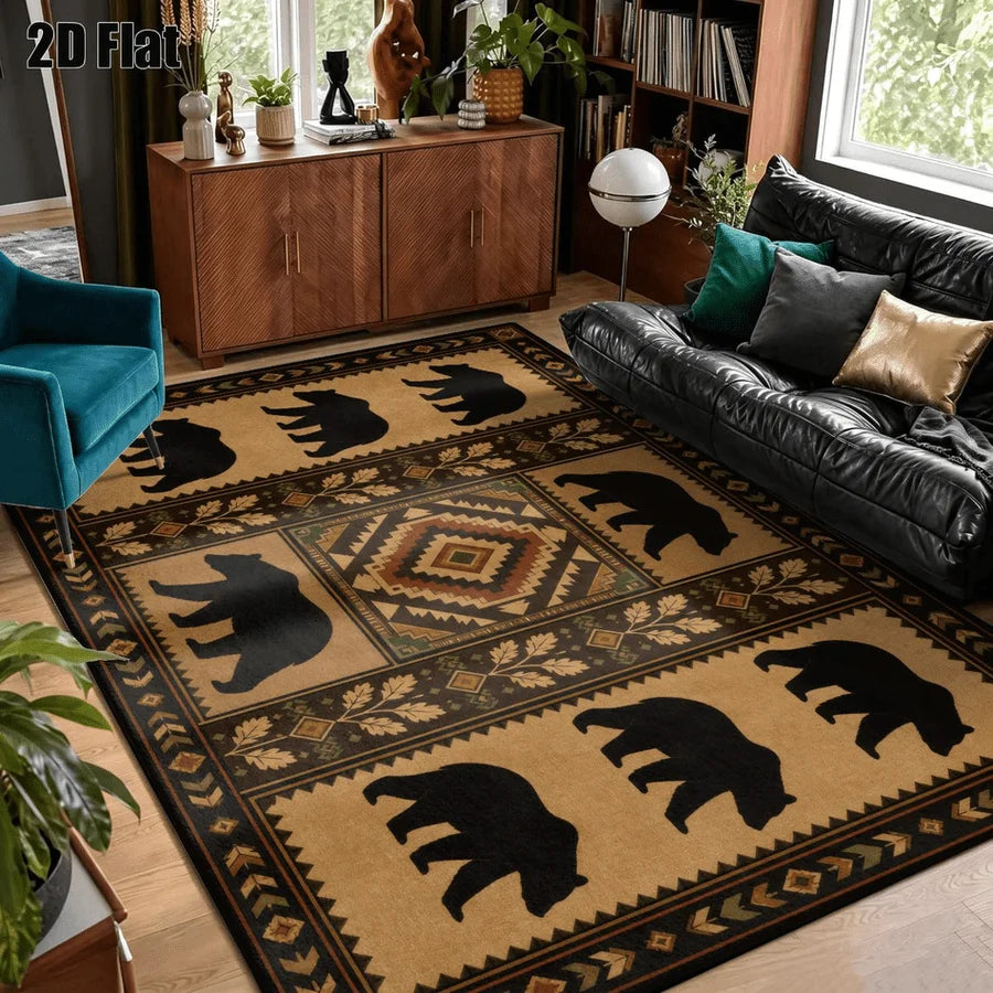 1Pc American Retro Bohemian Black Bear Pattern Carpet, Art Decorative Carpet, Suitable for Living Room, Bedroom, Dining Room, Bedside, Indoor and Outdoor Patio, Home Decoration