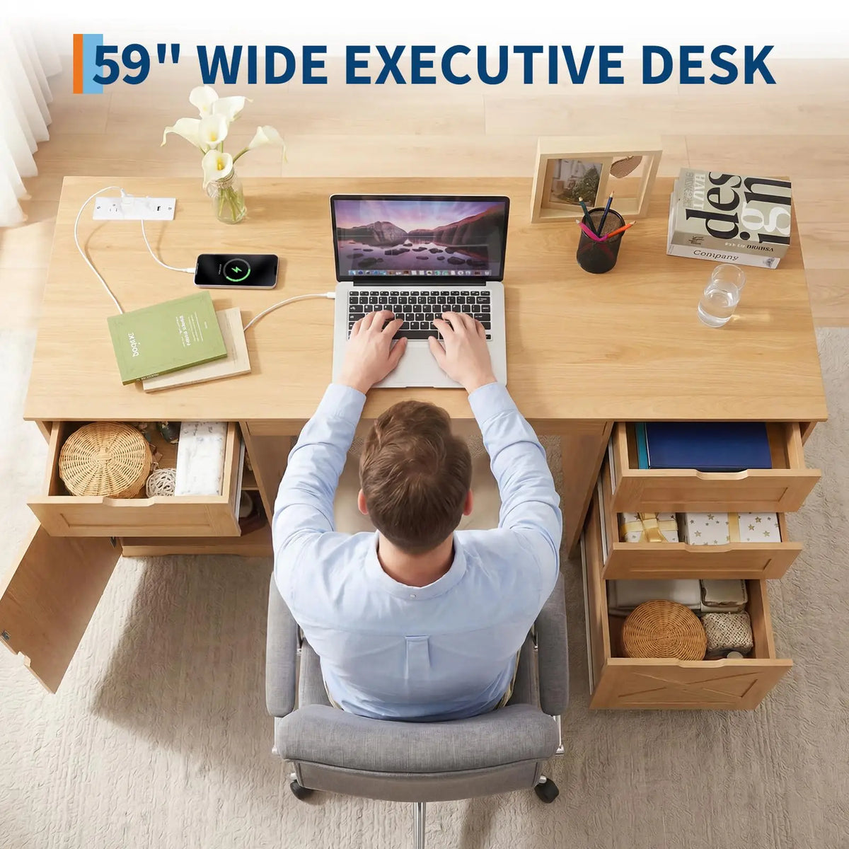 59 Inch Farmhouse Office Desk With 4 Drawers, Charging Station, Keyboard Tray, Storage Cabinet And Adjustable Shelf For Home Office Studio