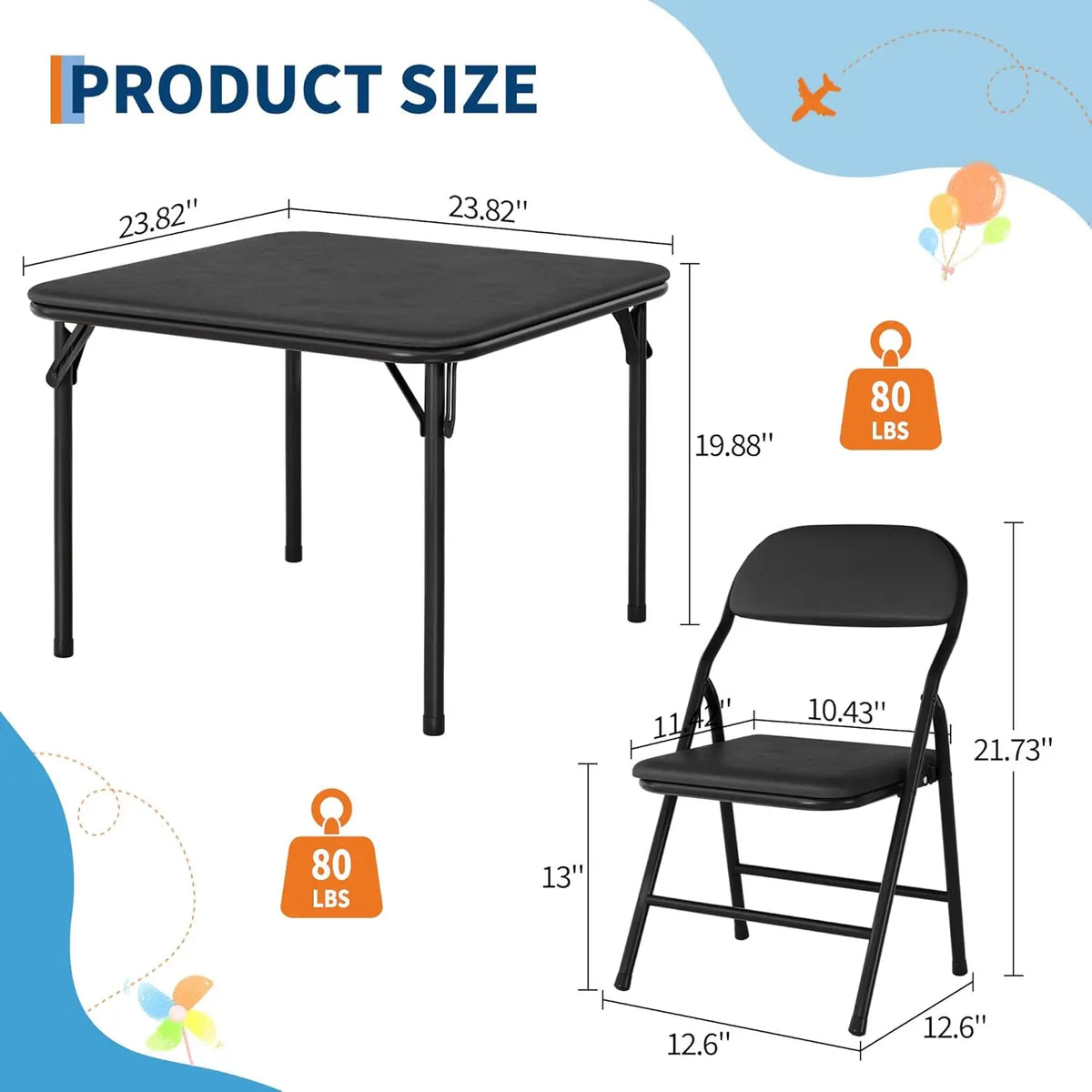 5-Piece Kids Folding Table and Chairs Set, Square Table | Foldable Children's Activity Table & Chair Set, Upholstered Chairs, Waterproof PU Top, No Assembly, Toddler Furniture