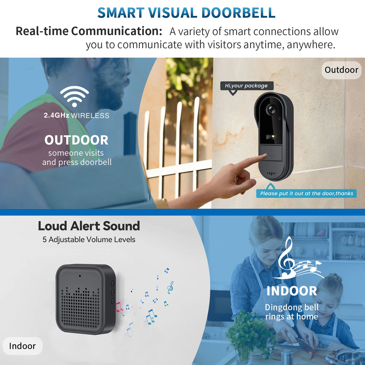 XBIBI Tuya WiFi doorbell 2-way HD 1080P, microSD/cloud, waterproof, 1000mAh battery, long standby,Wireless Security Camera