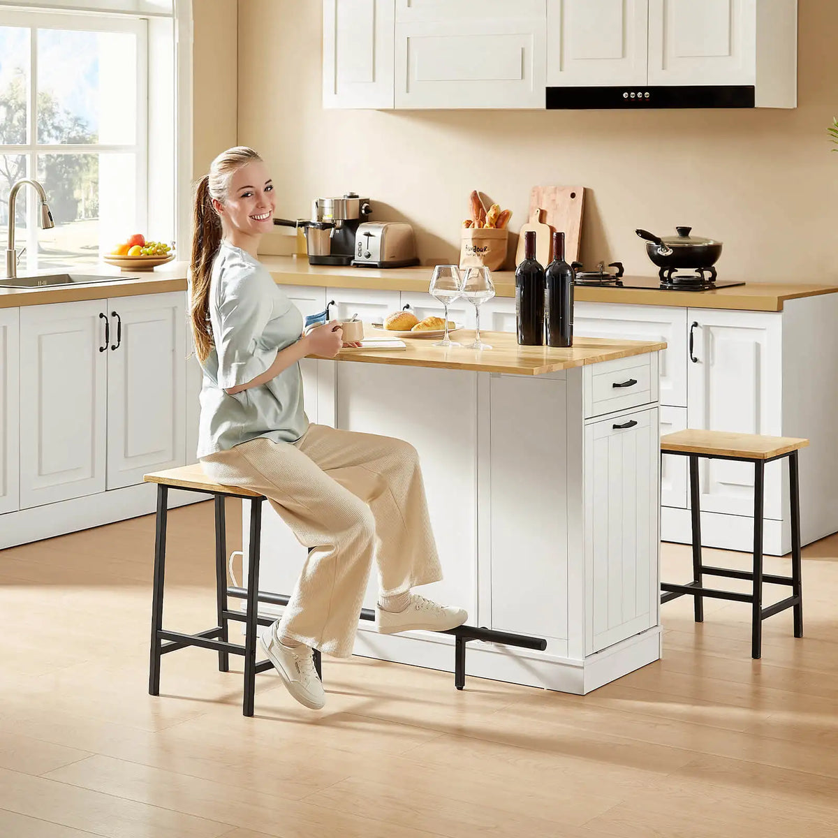 Stationary Kitchen Islands with 2 Chairs, 47" Rolling Kitchen Island with Drop Leaf, Home Bar Table with Spice Rack & Trash Can, Movable Island, Island Table for Dining Room