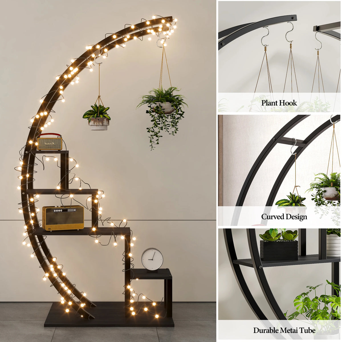 5 Tier Metal Plant Stand Pack of 2, Half-Moon Shape Plant Rack with Hanging Hooks, Tall Ladder Flower Display Shelf, Plant Holder for Home Decor, Garden, Balcony (Black)