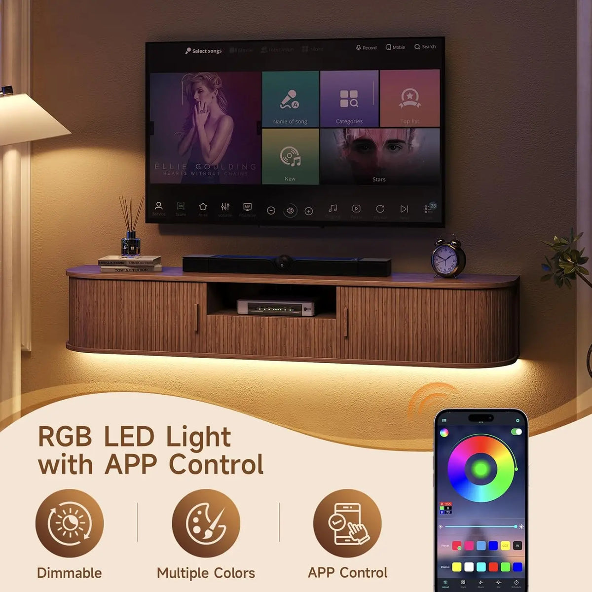 70 Inch Smart Floating TV Stand with LED Lights & Power Outlet - App Control Entertainment Center for 80" TVs, Mid-Century Modern Fluted Wood Design Living Room Storage Cabinet,Walnut