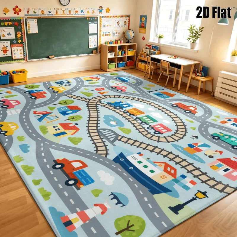 1Pc Cartoon Transportation Town Pattern Printed Rug, Retro Art Decorative Rug for Living Room, Bedroom, Dining Room, Bedside, Indoor and Outdoor Patio, Home Decor