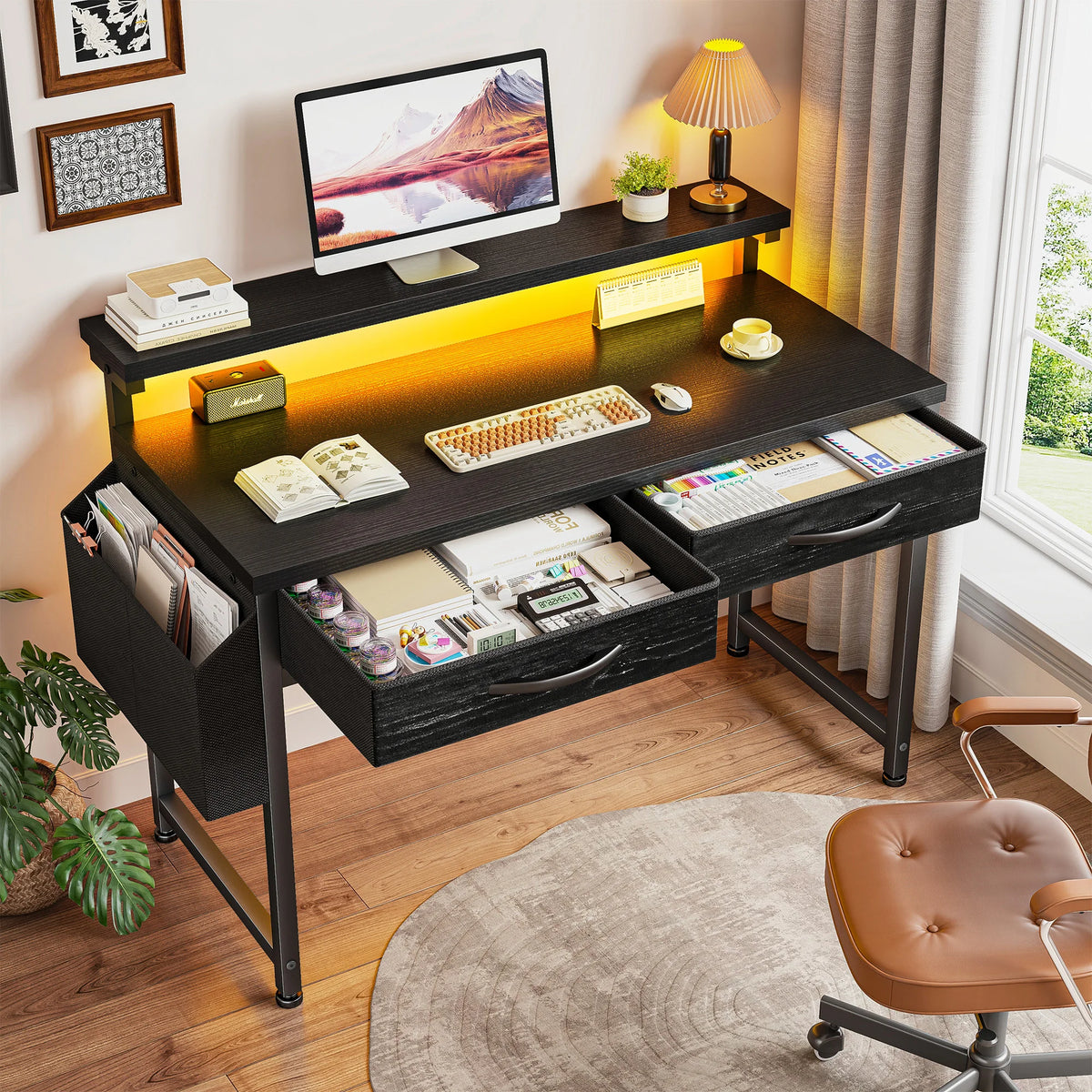 EnHomee 37.8"H RGB LED Study Writing Table Monitor Stand Computer Desk with 2 Fabric Drawers Small Desk Anti-Tip Design for Home Office