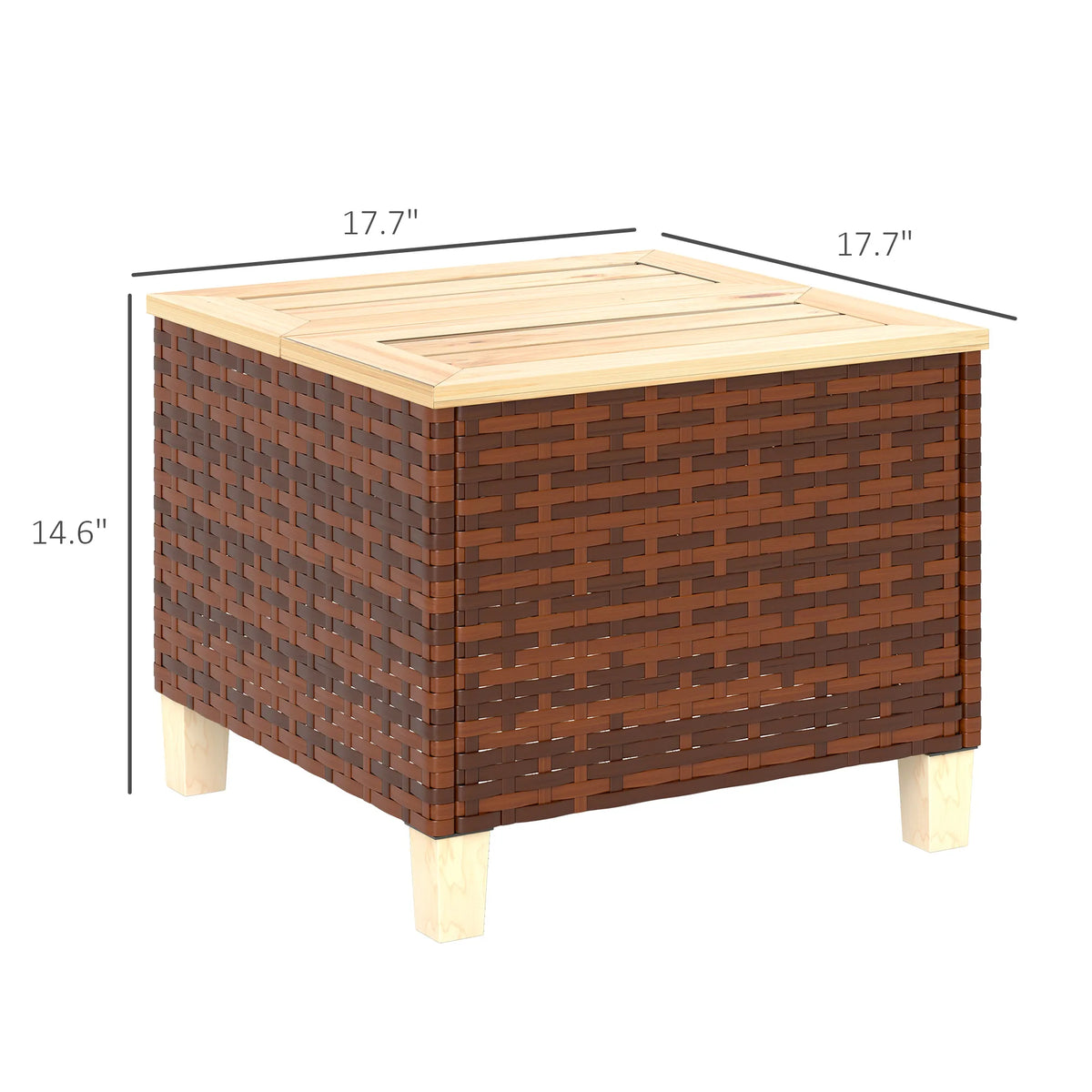 Outdoor Side Table with PE Rattan, Accent Table with Wood Top, Brown