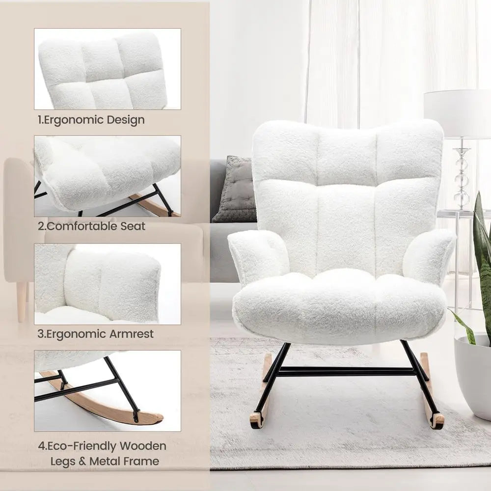 Rocking Chair Nursery Teddy Upholstered Glider Rocker Rocking Accent Chair Padded Seat with High Backrest Armchair Comfy Side C