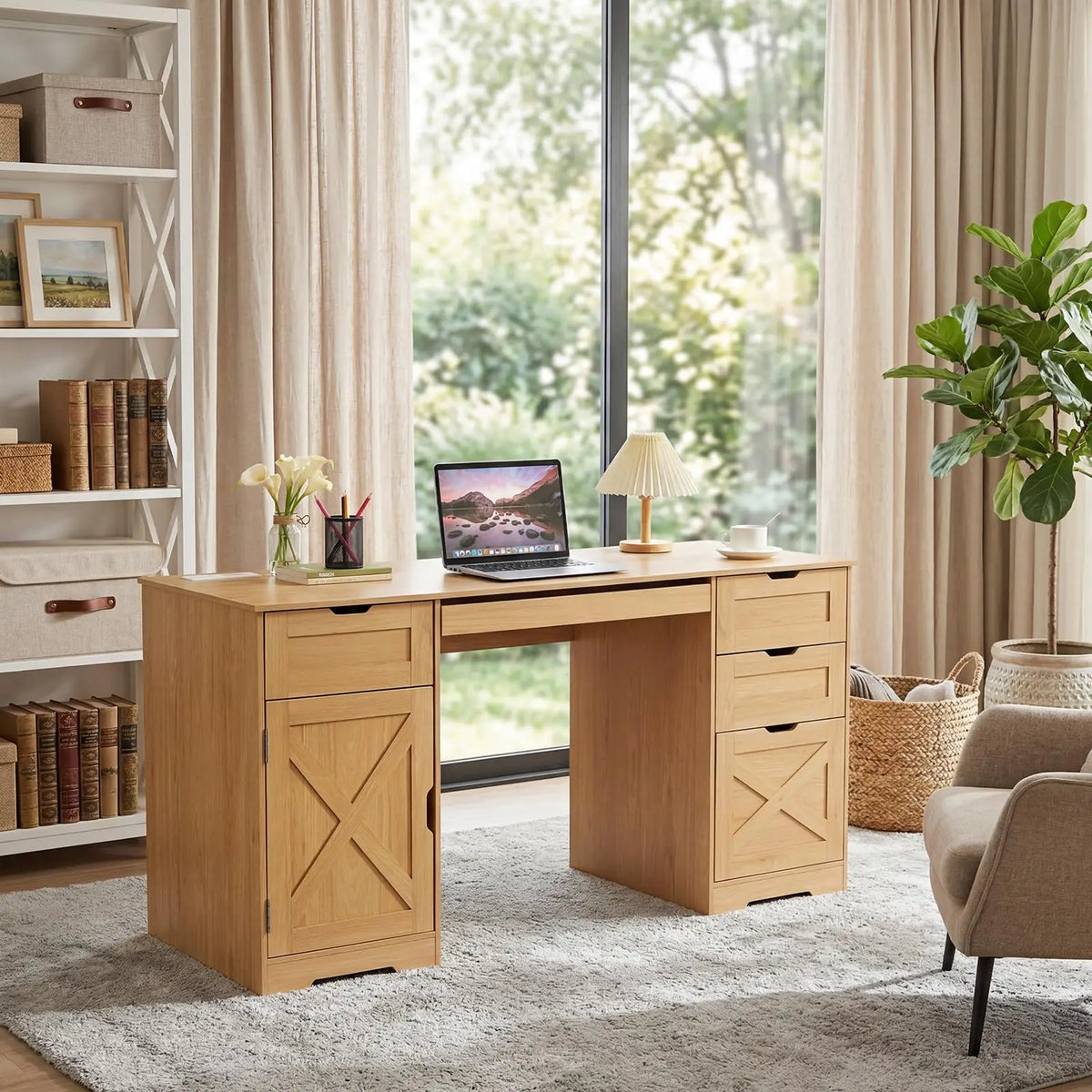 59 Inch Farmhouse Office Desk With 4 Drawers, Charging Station, Keyboard Tray, Storage Cabinet And Adjustable Shelf For Home Office Studio