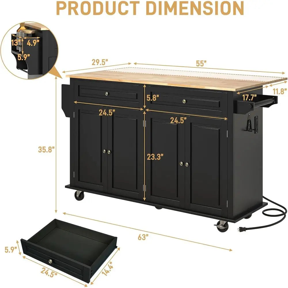 63" Movable Kitchen Island with Drop Lea and Power Outlet, Rolling Island Cart w/Storage Cabinet, Island Table on Wheels or Kitc
