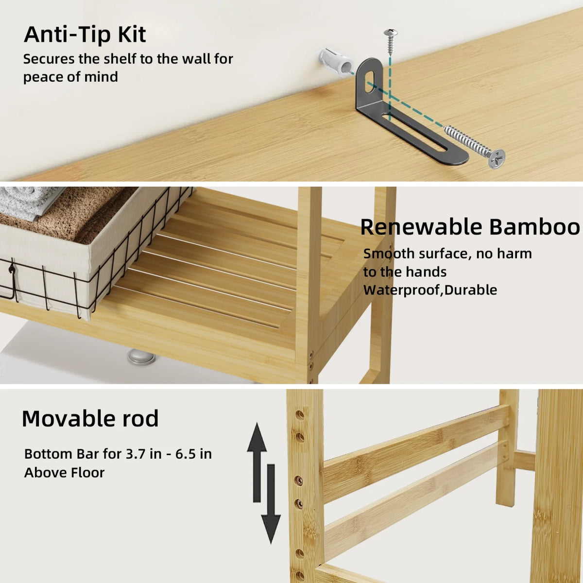 Natural Bamboo Over The Toilet Storage Rack 3-Tier Shelves Storage Shelf Cabinet Bathroom Organizer Space Saver