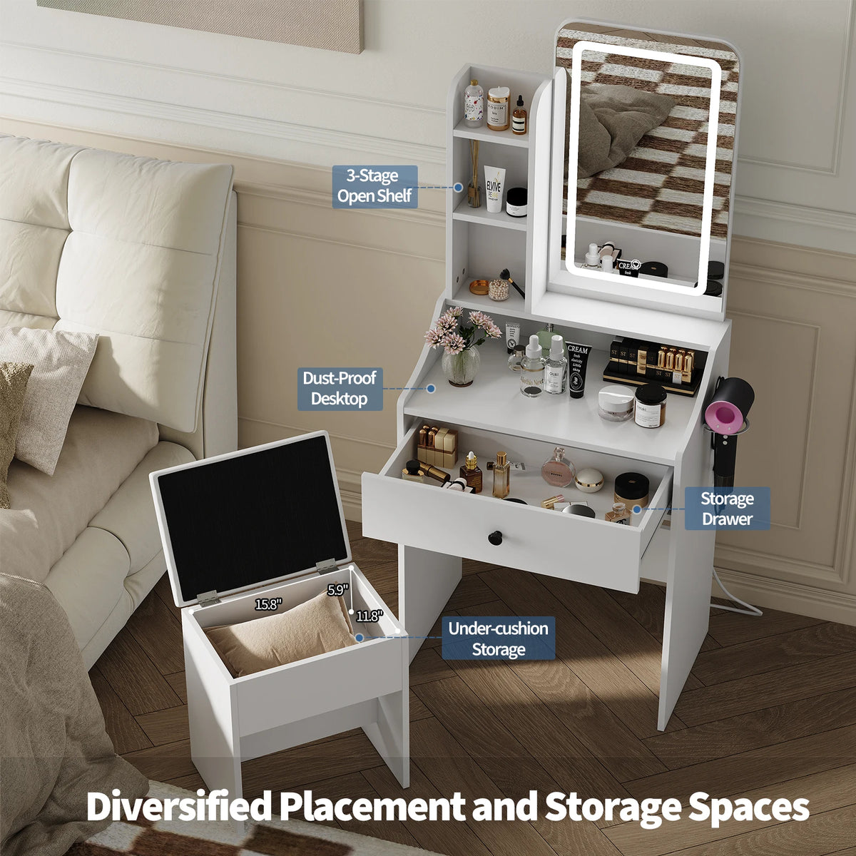 MCQ Living Room Wood Cabinet With LED Mirror Small Makeup Vanity Desk Storage Display Nightstand Bedside Coffee Sofa Tea Table Cabinets For Furniture