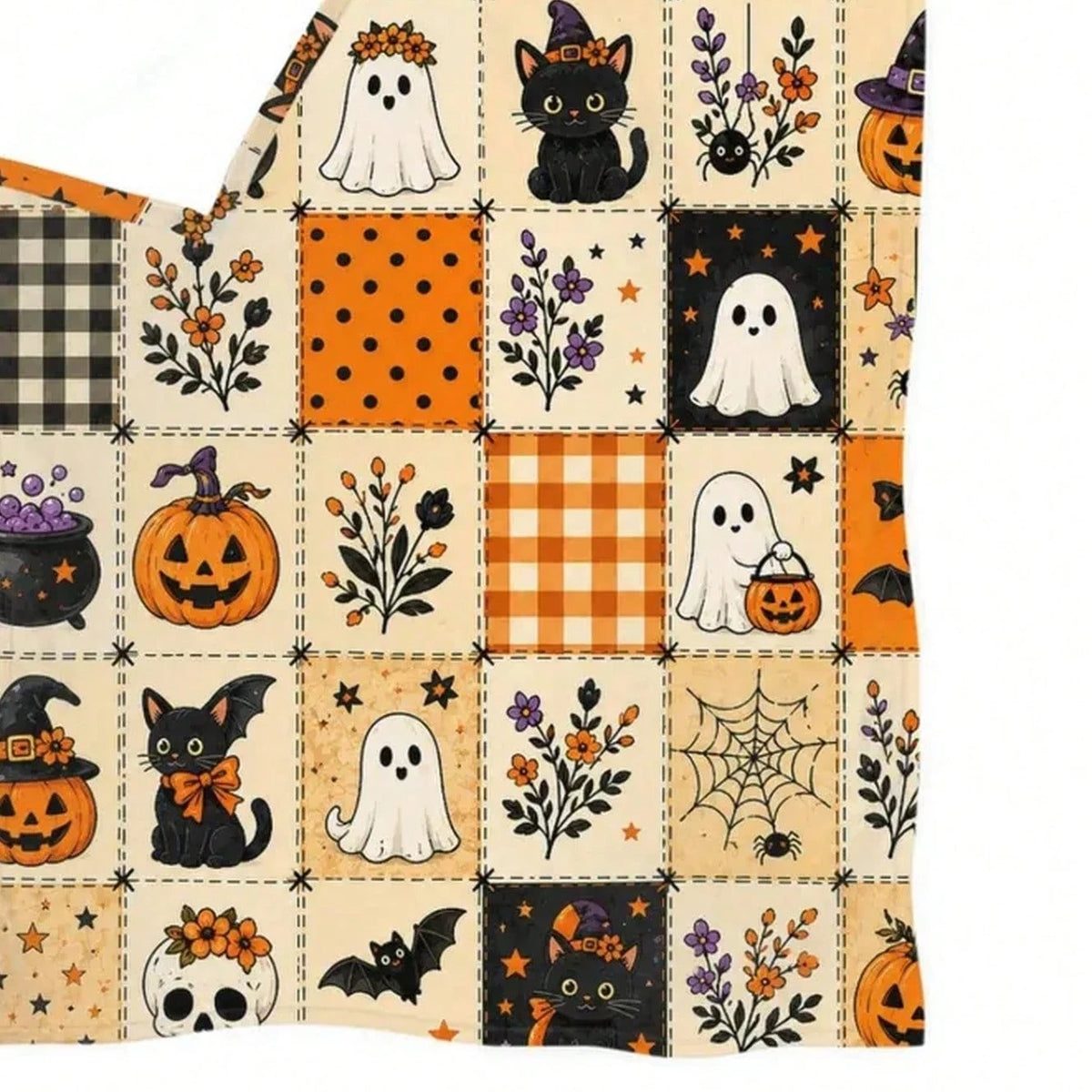 Halloween Ghost Fleece Blanket, Spooky Black Cat Throw Blanket, Pumpkin Patchwork Blanket, Cozy Fall Halloween Home Decor Gift