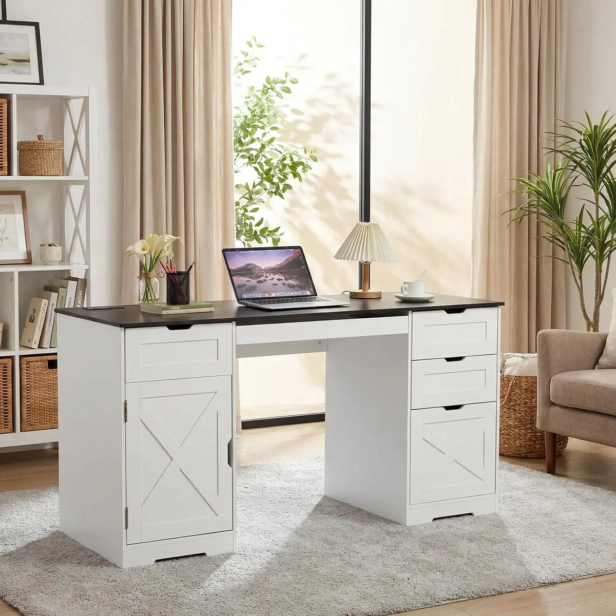 59 Inch Farmhouse Office Desk With 4 Drawers, Charging Station, Keyboard Tray, Storage Cabinet And Adjustable Shelf For Home Office Studio