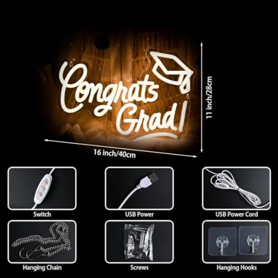 Congrats Grad Neon Sign with Graduation Cap, 16*11In Warm White Grad Light Up Led Sign for Class of 2026 Graduation Party Decor
