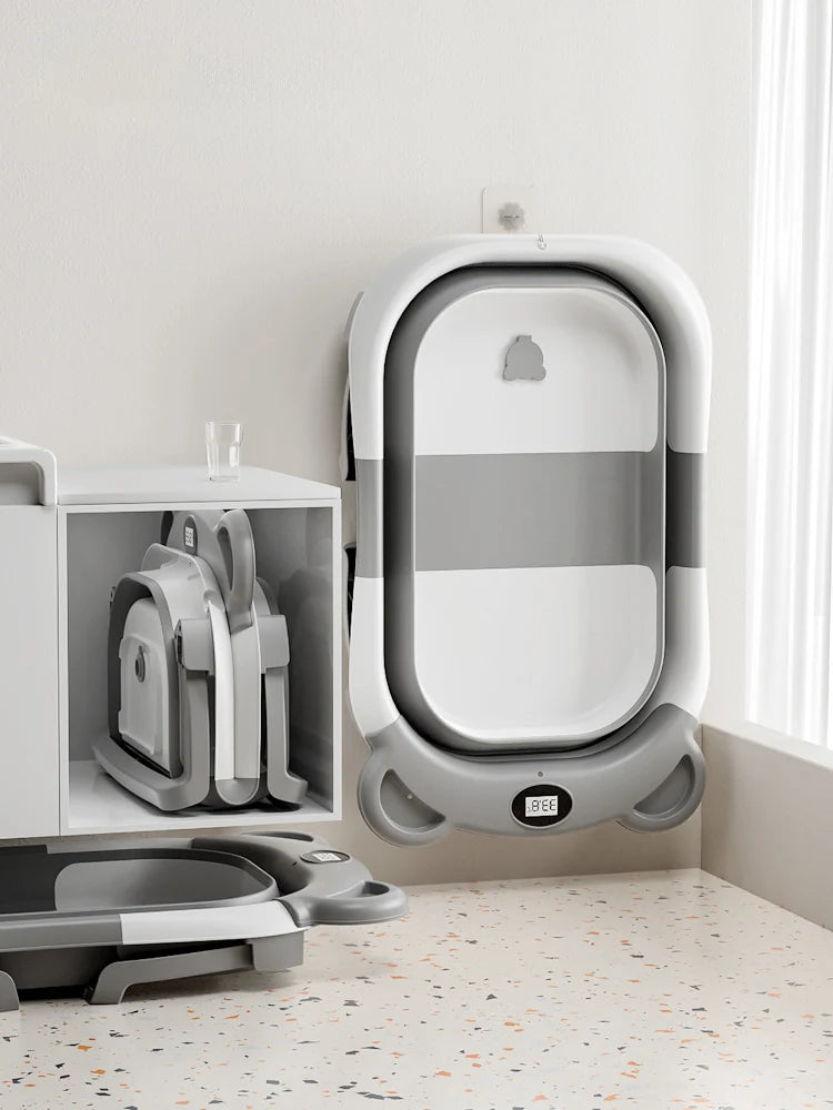 Portable Travel Bathtub, Collapsible Baby Bathtub, with Thermometer &1Soft Floating Cushion, with Drain Hole,For Baby 0-36 Month