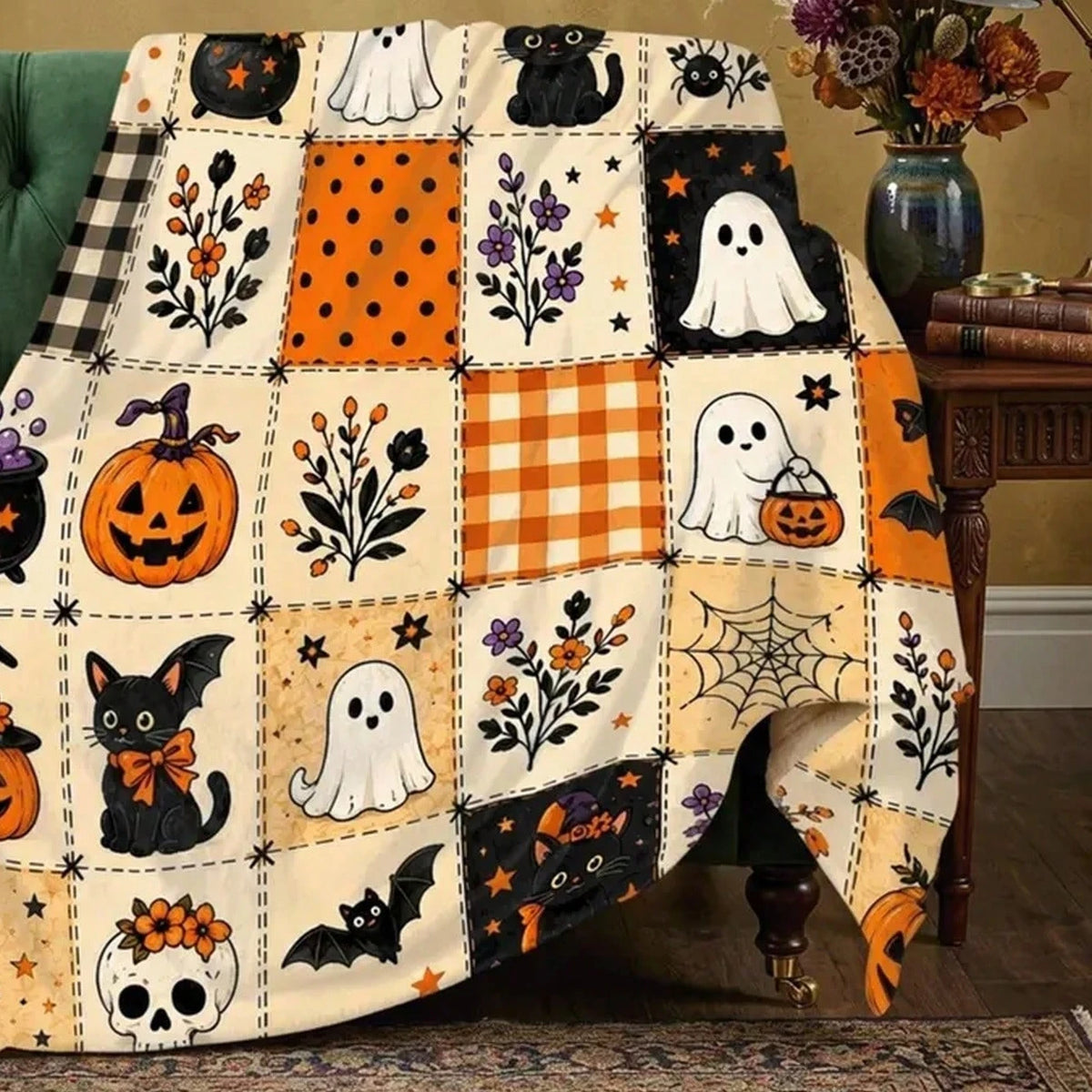 Halloween Ghost Fleece Blanket, Spooky Black Cat Throw Blanket, Pumpkin Patchwork Blanket, Cozy Fall Halloween Home Decor Gift
