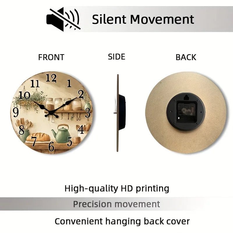 1pc of a Silent Wall Clock That Doesn'T Tick, Made of Wood, Featuring a Decorative Circular Design. It'S a Rustic Addition to Kitchen Decor with Jars And Utensils, Suitable for Dining Rooms, Hallways, Study Rooms, Home Office