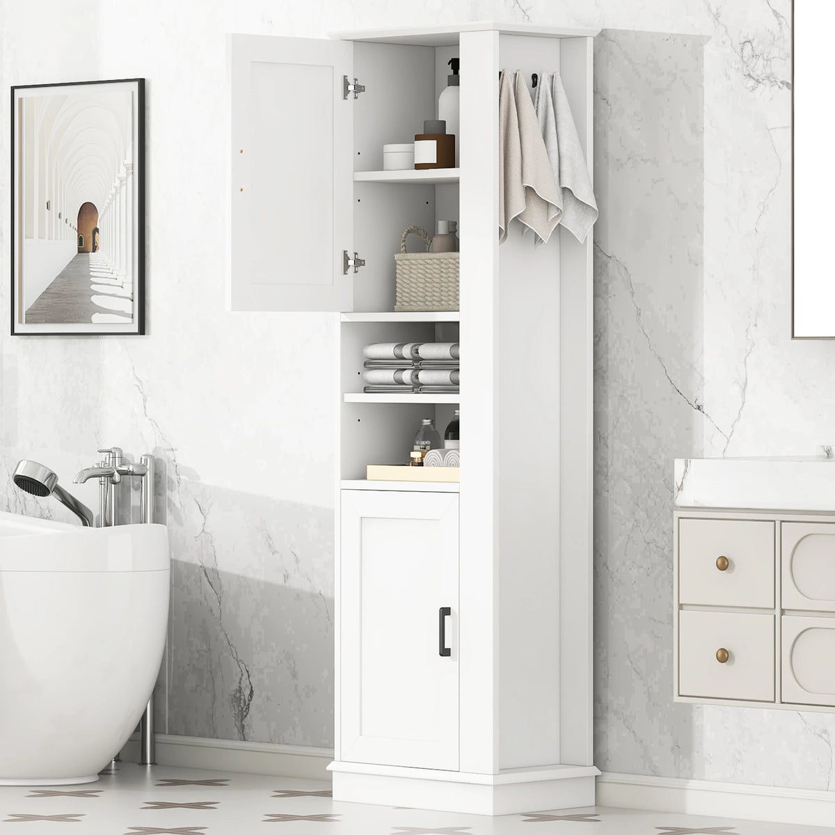 Freestanding Bathroom Storage Cabinet White MDF Tall Organizer with Adjustable Shelves and Side Hook Laundry Room Floor Unit