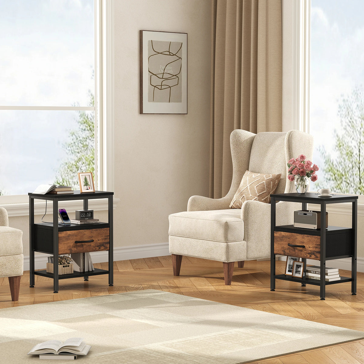 MCQ Nightstand Set of 2 Fabric Drawers with Charging Station Cabinets Bedside End Table Storage With Charging Station for Home