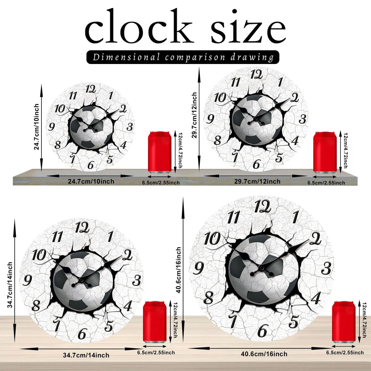 1pc 25.4-40.64 cm Sports Football Wooden Wall Clock, Football Print Crack-Sports Theme Design Round Wall Clock-Silent Quartz Clock, Suitable for Living Room, Kitchen, Bedroom, Office, Gym Decoration, Home Decor, Wall Decor, G