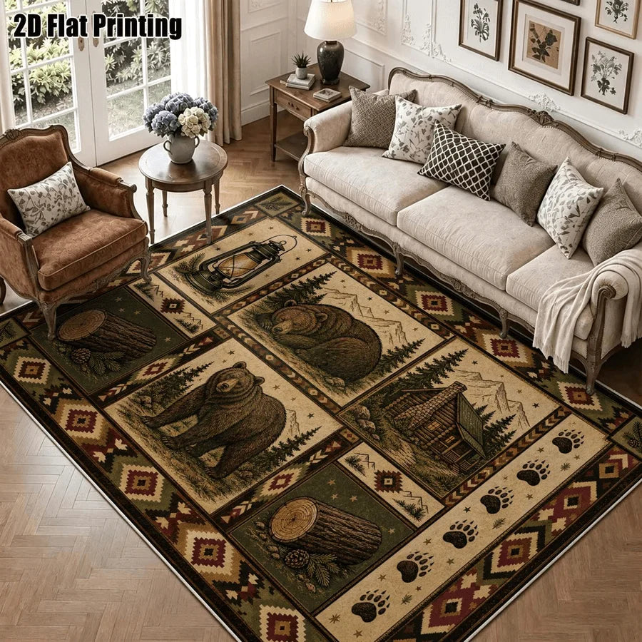 1Pc American Retro Bohemian Brown Bear Cabin Carpet, Art Decorative Rug for Living Room, Bedroom, Dining Room, Bedside, Indoor and Outdoor Patio, Home Decor