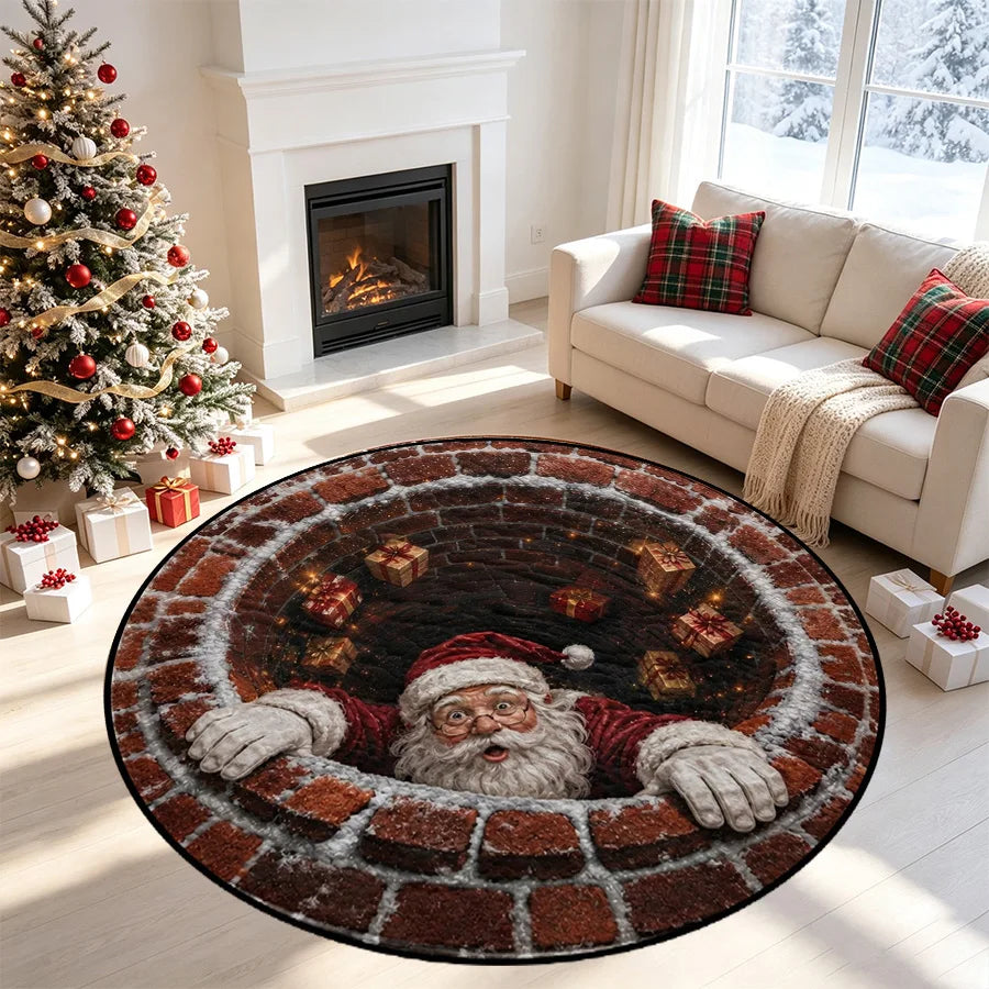 1PC Santa Claus chimney illusion printed circular carpet, fun visual effect 2D flat printed carpet, Christmas home decoration, suitable for living room, bedside, bedroom, entrance Christmas mats, holiday parties