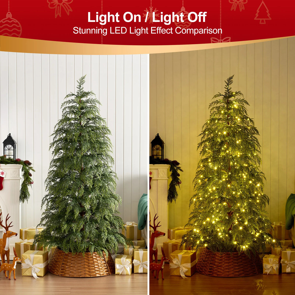 Pre-Lit Cypress Artificial Christmas Tree with Woven Basket/ Metal Stand, Christmas Tree with 30/70/100/350/500 Warm White Twinkling LEDs, Full Lush Branches, Ideal for Indoor Holiday Decor